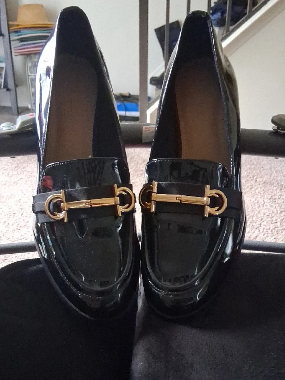 Women’s Black Patent Platform Loafers with Gold Horsebit